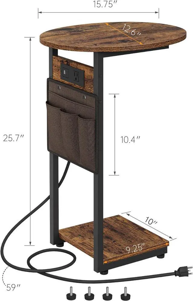 Alt view image 2 of 7 - Vagusicc C Shaped End Table with Charging Station, Small Side Table for Couch, TV Tray Slide Under Sofa Table for Living Room Bedroom, Round Couch Side Table C Table for Sofa, Rustic Brown