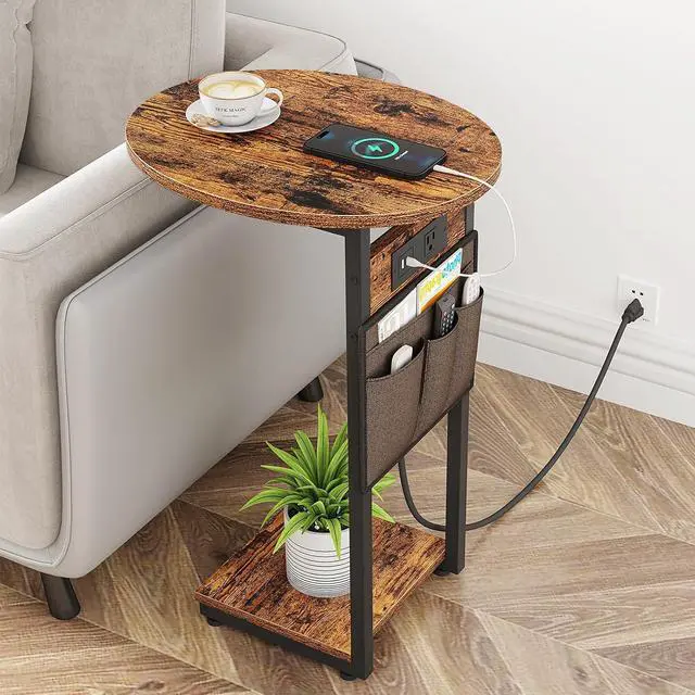 Main image of Vagusicc C Shaped End Table with Charging Station, Small Side Table for Couch, TV Tray Slide Under Sofa Table for Living Room Bedroom, Round Couch Side Table C Table for Sofa, Rustic Brown