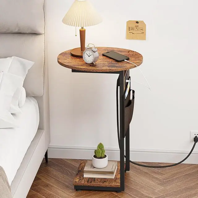 Alt view image 3 of 7 - Vagusicc C Shaped End Table with Charging Station, Small Side Table for Couch, TV Tray Slide Under Sofa Table for Living Room Bedroom, Round Couch Side Table C Table for Sofa, Rustic Brown