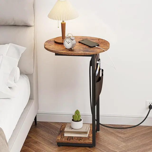 Alt view image 4 of 7 - Vagusicc C Shaped End Table with Charging Station, Small Side Table for Couch, TV Tray Slide Under Sofa Table for Living Room Bedroom, Round Couch Side Table C Table for Sofa, Rustic Brown