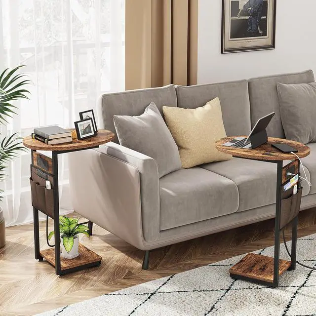 Alt view image 7 of 7 - Vagusicc C Shaped End Table with Charging Station, Small Side Table for Couch, TV Tray Slide Under Sofa Table for Living Room Bedroom, Round Couch Side Table C Table for Sofa, Rustic Brown