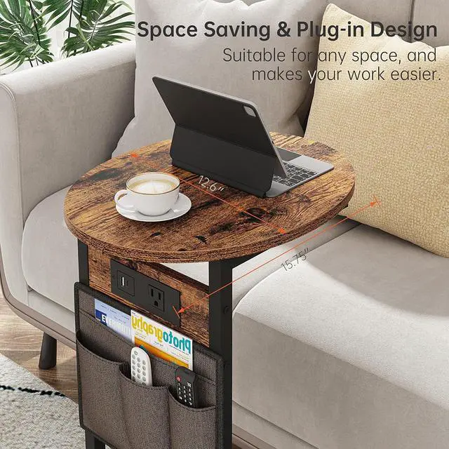Alt view image 6 of 7 - Vagusicc C Shaped End Table with Charging Station, Small Side Table for Couch, TV Tray Slide Under Sofa Table for Living Room Bedroom, Round Couch Side Table C Table for Sofa, Rustic Brown