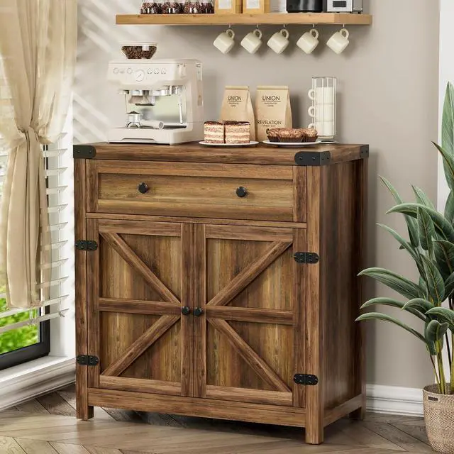 Alt view image 2 of 7 - YESHOMY Coffee Bar and Accent Cabinet, Farmhouse Barn Door Buffet Sideboard with Drawer and Adjustable Shelf, Wide Desktop for Kitchen, Dining Room, Bathroom, Entryway, Brown