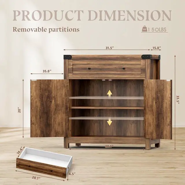 Alt view image 3 of 7 - YESHOMY Coffee Bar and Accent Cabinet, Farmhouse Barn Door Buffet Sideboard with Drawer and Adjustable Shelf, Wide Desktop for Kitchen, Dining Room, Bathroom, Entryway, Brown