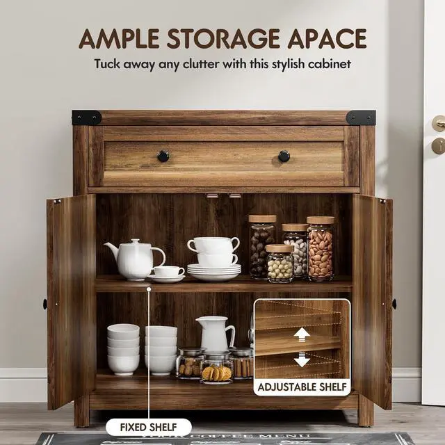Alt view image 5 of 7 - YESHOMY Coffee Bar and Accent Cabinet, Farmhouse Barn Door Buffet Sideboard with Drawer and Adjustable Shelf, Wide Desktop for Kitchen, Dining Room, Bathroom, Entryway, Brown