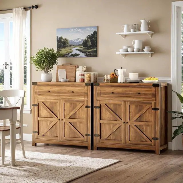 Alt view image 7 of 7 - YESHOMY Coffee Bar and Accent Cabinet, Farmhouse Barn Door Buffet Sideboard with Drawer and Adjustable Shelf, Wide Desktop for Kitchen, Dining Room, Bathroom, Entryway, Brown