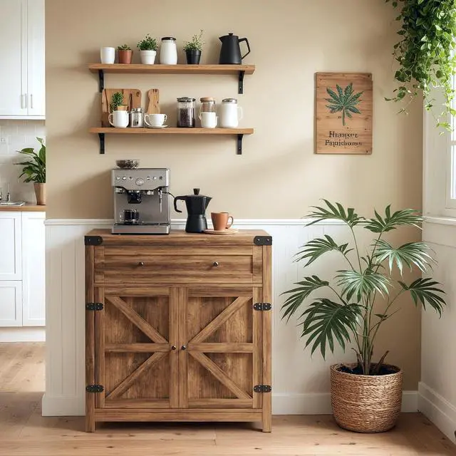 Alt view image 6 of 7 - YESHOMY Coffee Bar and Accent Cabinet, Farmhouse Barn Door Buffet Sideboard with Drawer and Adjustable Shelf, Wide Desktop for Kitchen, Dining Room, Bathroom, Entryway, Brown