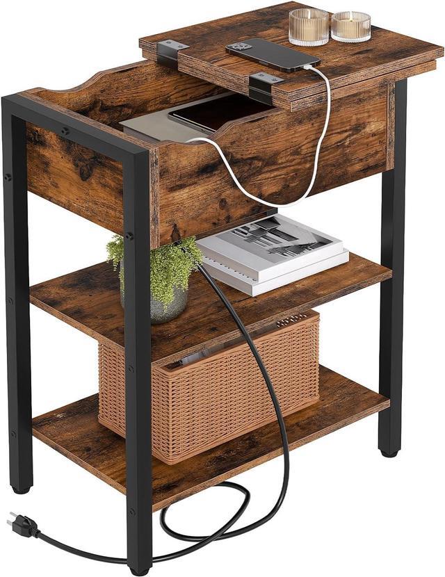 Main image of HOOBRO End Table with Charging Station, Narrow Side Table, Flip Top Nightstand with USB Ports and Outlets, Bedside Tables with Shelf for Small Spaces, Living Room, Rustic Brown BF341BZ01