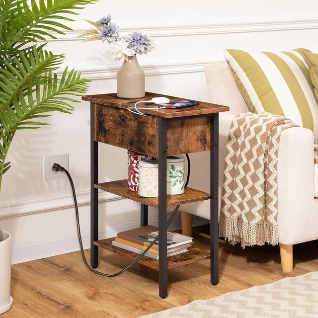 Alt view image 2 of 7 - HOOBRO End Table with Charging Station, Narrow Side Table, Flip Top Nightstand with USB Ports and Outlets, Bedside Tables with Shelf for Small Spaces, Living Room, Rustic Brown BF341BZ01