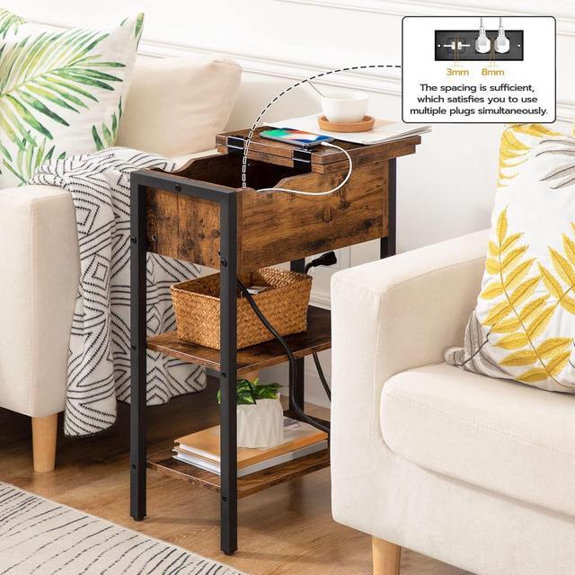 Alt view image 3 of 7 - HOOBRO End Table with Charging Station, Narrow Side Table, Flip Top Nightstand with USB Ports and Outlets, Bedside Tables with Shelf for Small Spaces, Living Room, Rustic Brown BF341BZ01
