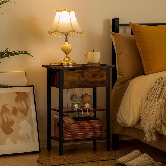 Alt view image 5 of 7 - HOOBRO End Table with Charging Station, Narrow Side Table, Flip Top Nightstand with USB Ports and Outlets, Bedside Tables with Shelf for Small Spaces, Living Room, Rustic Brown BF341BZ01