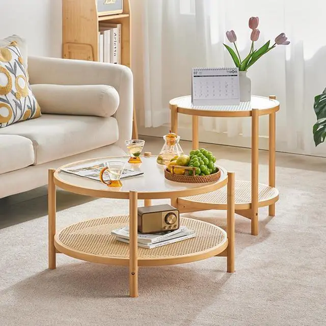 Alt view image 2 of 7 - Tiita Rattan Coffee Table, Large Round End Table, 27.6 Inch Modern Side Table, Living Room Side Table, Glass Sofa End Table for Balcony and Office Outdoor/Indoor (Wood)