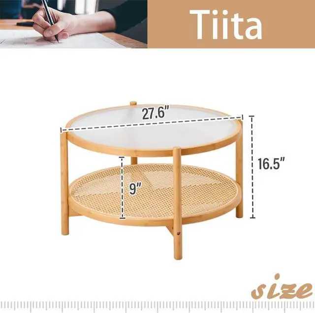 Alt view image 3 of 7 - Tiita Rattan Coffee Table, Large Round End Table, 27.6 Inch Modern Side Table, Living Room Side Table, Glass Sofa End Table for Balcony and Office Outdoor/Indoor (Wood)