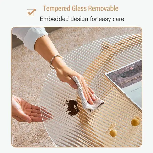 Alt view image 4 of 7 - Tiita Rattan Coffee Table, Large Round End Table, 27.6 Inch Modern Side Table, Living Room Side Table, Glass Sofa End Table for Balcony and Office Outdoor/Indoor (Wood)