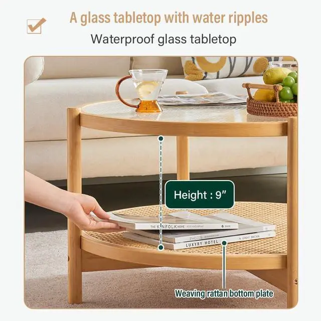 Alt view image 6 of 7 - Tiita Rattan Coffee Table, Large Round End Table, 27.6 Inch Modern Side Table, Living Room Side Table, Glass Sofa End Table for Balcony and Office Outdoor/Indoor (Wood)