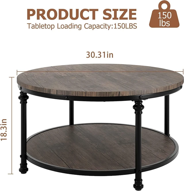 Alt view image 2 of 7 - IDEALHOUSE Round Coffee Table for Living Room Rustic Center Table with Storage Shelf Wood Circle Coffee Table with Sturdy Metal Legs, Easy Assembly