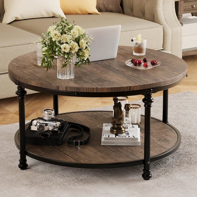 Alt view image 3 of 7 - IDEALHOUSE Round Coffee Table for Living Room Rustic Center Table with Storage Shelf Wood Circle Coffee Table with Sturdy Metal Legs, Easy Assembly