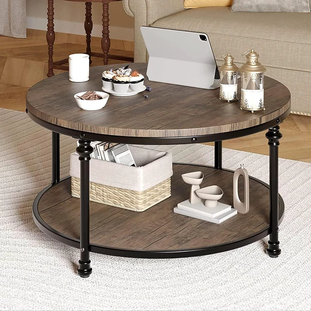 Alt view image 4 of 7 - IDEALHOUSE Round Coffee Table for Living Room Rustic Center Table with Storage Shelf Wood Circle Coffee Table with Sturdy Metal Legs, Easy Assembly