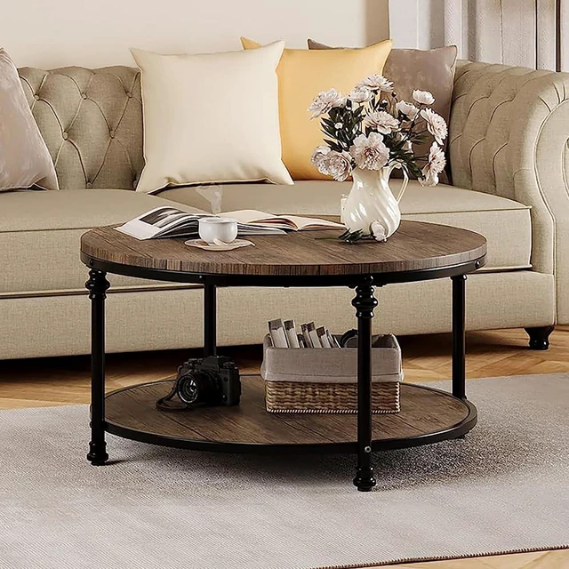 Alt view image 5 of 7 - IDEALHOUSE Round Coffee Table for Living Room Rustic Center Table with Storage Shelf Wood Circle Coffee Table with Sturdy Metal Legs, Easy Assembly