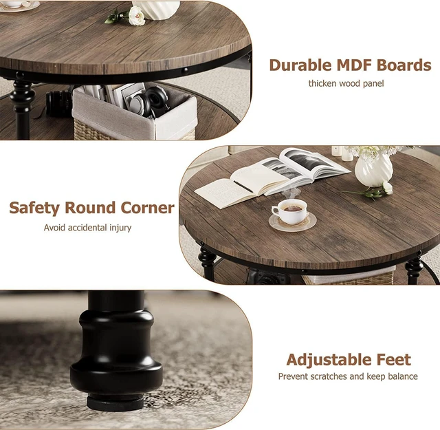Alt view image 6 of 7 - IDEALHOUSE Round Coffee Table for Living Room Rustic Center Table with Storage Shelf Wood Circle Coffee Table with Sturdy Metal Legs, Easy Assembly