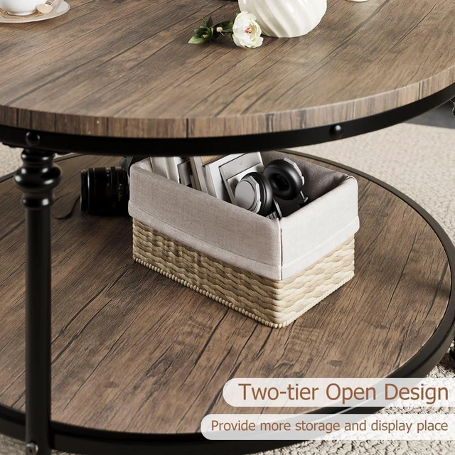 Alt view image 7 of 7 - IDEALHOUSE Round Coffee Table for Living Room Rustic Center Table with Storage Shelf Wood Circle Coffee Table with Sturdy Metal Legs, Easy Assembly
