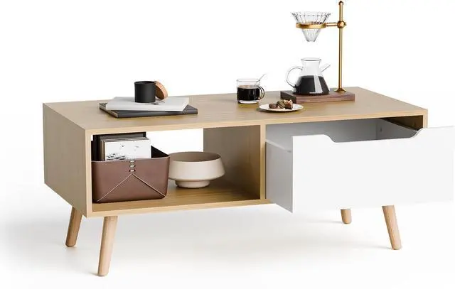 Main image of Cozy Castle Modern Wooden Coffee Table with Storage, Minimalist Hallway Mid Century Cocktail Table for Living Room Apartment Reception, Oak