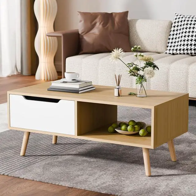 Alt view image 2 of 7 - Cozy Castle Modern Wooden Coffee Table with Storage, Minimalist Hallway Mid Century Cocktail Table for Living Room Apartment Reception, Oak