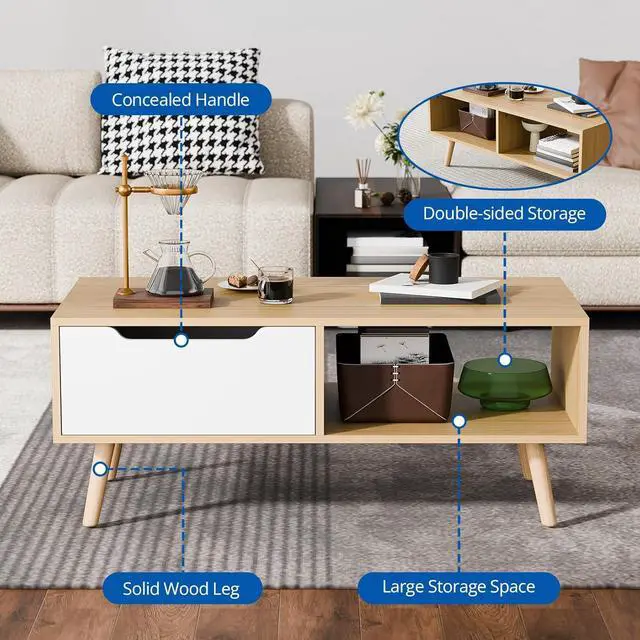 Alt view image 4 of 7 - Cozy Castle Modern Wooden Coffee Table with Storage, Minimalist Hallway Mid Century Cocktail Table for Living Room Apartment Reception, Oak