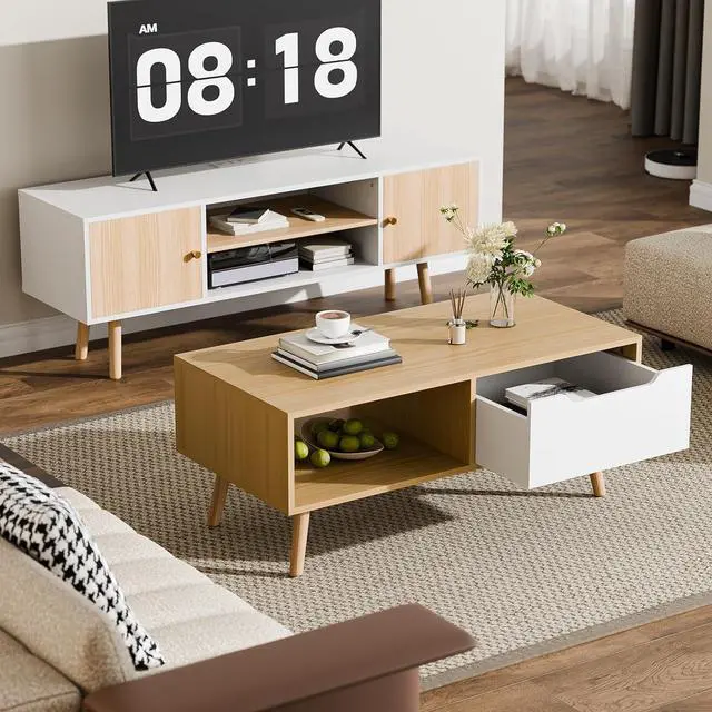 Alt view image 6 of 7 - Cozy Castle Modern Wooden Coffee Table with Storage, Minimalist Hallway Mid Century Cocktail Table for Living Room Apartment Reception, Oak