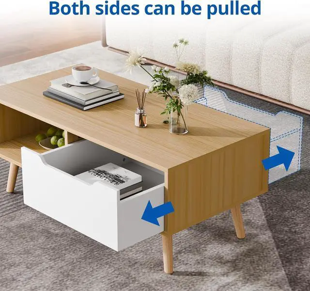 Alt view image 5 of 7 - Cozy Castle Modern Wooden Coffee Table with Storage, Minimalist Hallway Mid Century Cocktail Table for Living Room Apartment Reception, Oak