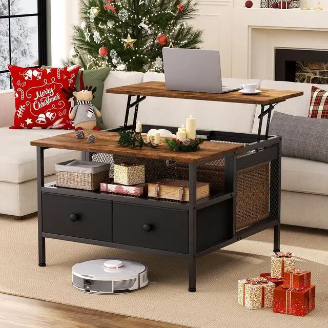 Main image of FABATO Lift Top Coffee Table, Square Coffee Table Metal Wood, Farmhouse Lift Up Coffee Table Cocktail Table with Wire Mesh Barn Door and Storage, Steel Frame, Small Tea Table for Living Room, Black
