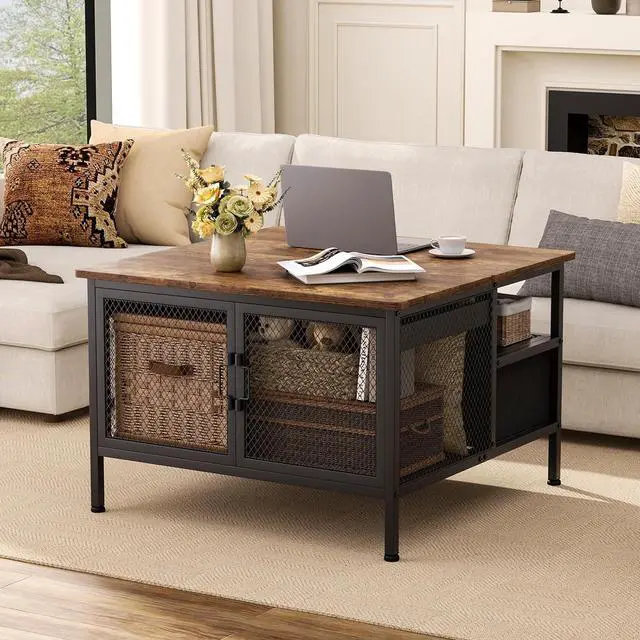Alt view image 3 of 7 - FABATO Lift Top Coffee Table, Square Coffee Table Metal Wood, Farmhouse Lift Up Coffee Table Cocktail Table with Wire Mesh Barn Door and Storage, Steel Frame, Small Tea Table for Living Room, Black