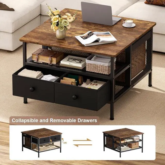 Alt view image 4 of 7 - FABATO Lift Top Coffee Table, Square Coffee Table Metal Wood, Farmhouse Lift Up Coffee Table Cocktail Table with Wire Mesh Barn Door and Storage, Steel Frame, Small Tea Table for Living Room, Black