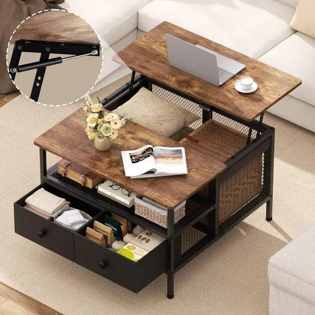 Alt view image 5 of 7 - FABATO Lift Top Coffee Table, Square Coffee Table Metal Wood, Farmhouse Lift Up Coffee Table Cocktail Table with Wire Mesh Barn Door and Storage, Steel Frame, Small Tea Table for Living Room, Black
