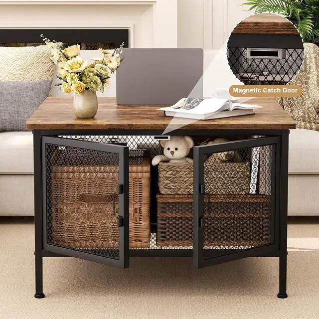 Alt view image 6 of 7 - FABATO Lift Top Coffee Table, Square Coffee Table Metal Wood, Farmhouse Lift Up Coffee Table Cocktail Table with Wire Mesh Barn Door and Storage, Steel Frame, Small Tea Table for Living Room, Black