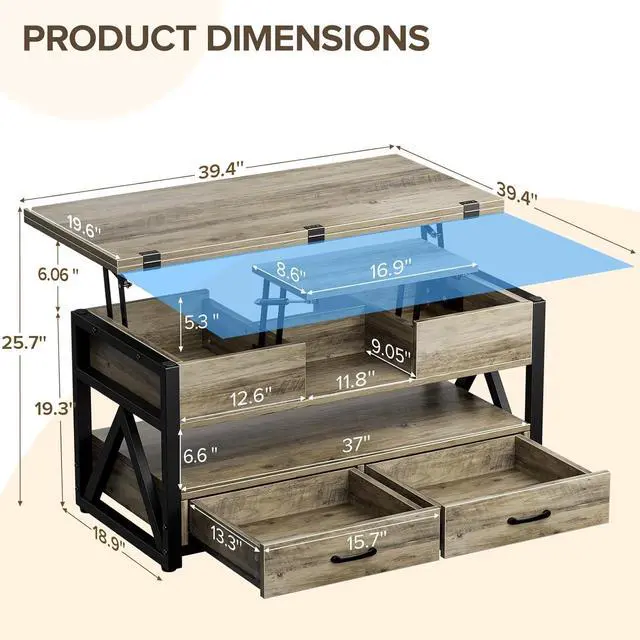 Alt view image 2 of 7 - 40" Lift Top Coffee Table,4 in 1 Multi-Function Lift Coffee Tables with Storage Drawers and Hidden Compartmen,Farmhouse Coffee Table with Lifting top for Living Room,Grey