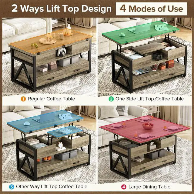 Alt view image 3 of 7 - 40" Lift Top Coffee Table,4 in 1 Multi-Function Lift Coffee Tables with Storage Drawers and Hidden Compartmen,Farmhouse Coffee Table with Lifting top for Living Room,Grey