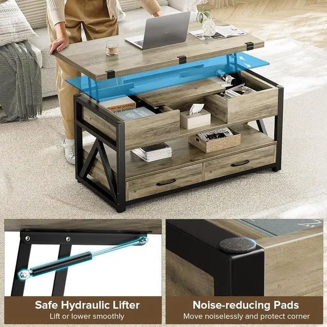 Alt view image 5 of 7 - 40" Lift Top Coffee Table,4 in 1 Multi-Function Lift Coffee Tables with Storage Drawers and Hidden Compartmen,Farmhouse Coffee Table with Lifting top for Living Room,Grey