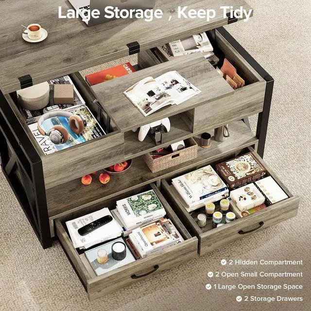 Alt view image 4 of 7 - 40" Lift Top Coffee Table,4 in 1 Multi-Function Lift Coffee Tables with Storage Drawers and Hidden Compartmen,Farmhouse Coffee Table with Lifting top for Living Room,Grey