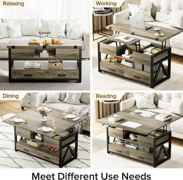 Alt view image 7 of 7 - 40" Lift Top Coffee Table,4 in 1 Multi-Function Lift Coffee Tables with Storage Drawers and Hidden Compartmen,Farmhouse Coffee Table with Lifting top for Living Room,Grey
