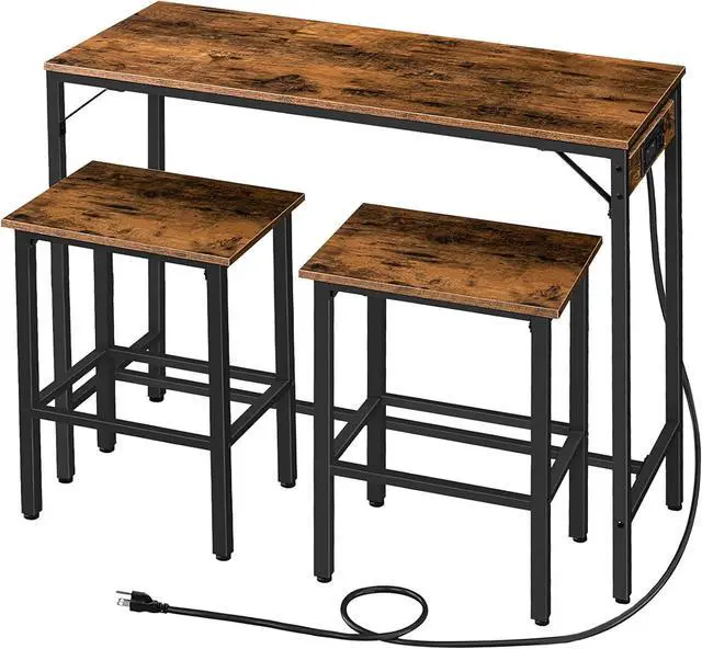 Main image of HOOBRO Bar Table and Chairs Set, 47.2" Dining Table Set with Power Outlet, 3-Piece Pub Table Set, Kitchen Bar Height Table with Stools of 2, Space Saving for Living Room, Rustic Brown BF46UBT01
