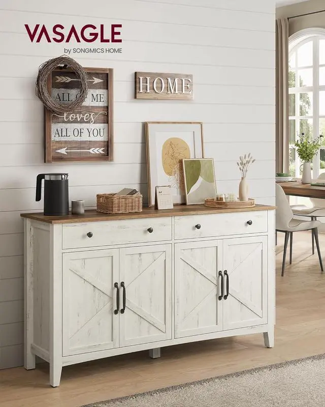 Alt view image 2 of 6 - VASAGLE Coffee Bar Cabinet, Kitchen Storage Cabinet with 2 Drawers, Farmhouse Cabinet Sideboard with Adjustable Shelves for Kitchen, Rustic White and Honey Brown UBBK381W01