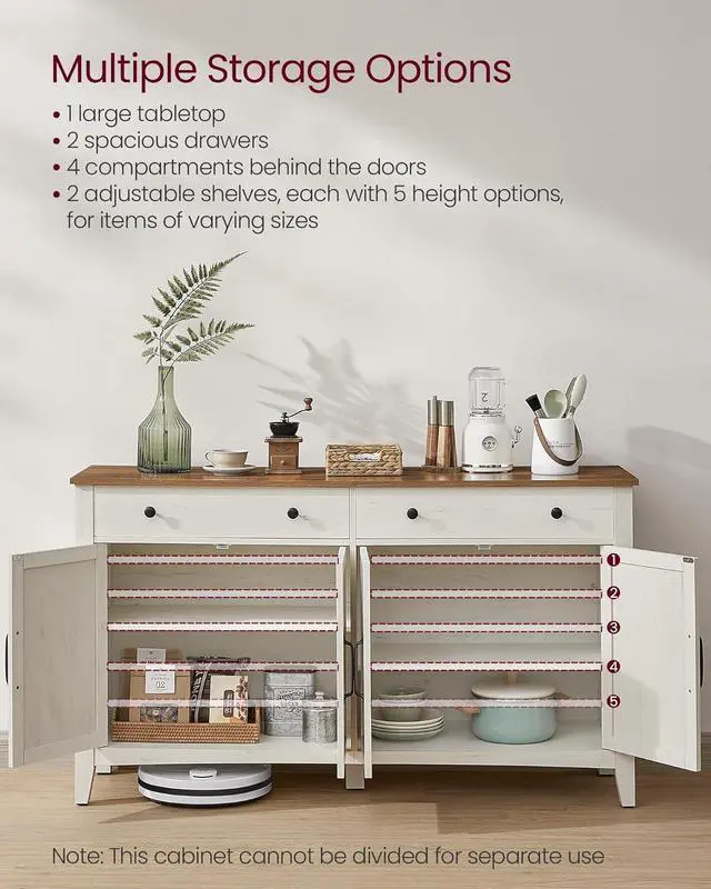 Alt view image 4 of 6 - VASAGLE Coffee Bar Cabinet, Kitchen Storage Cabinet with 2 Drawers, Farmhouse Cabinet Sideboard with Adjustable Shelves for Kitchen, Rustic White and Honey Brown UBBK381W01