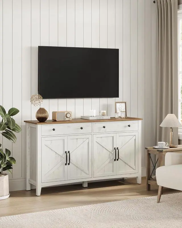 Alt view image 6 of 6 - VASAGLE Coffee Bar Cabinet, Kitchen Storage Cabinet with 2 Drawers, Farmhouse Cabinet Sideboard with Adjustable Shelves for Kitchen, Rustic White and Honey Brown UBBK381W01