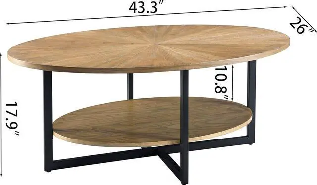 Alt view image 2 of 7 - Solid Wood Oval Coffee Table with Cross Metal Legs, 43.3in Modern Industrail Center Table with Open Shelf Cocktail Tea Table for Living Room Bedroom, Rustic Nature 1811