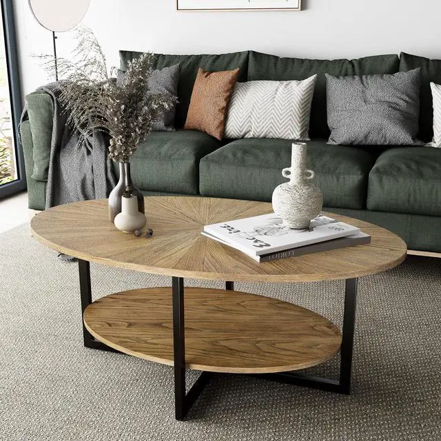 Alt view image 3 of 7 - Solid Wood Oval Coffee Table with Cross Metal Legs, 43.3in Modern Industrail Center Table with Open Shelf Cocktail Tea Table for Living Room Bedroom, Rustic Nature 1811