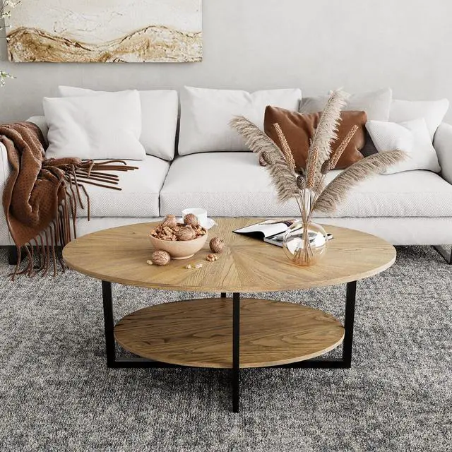 Alt view image 4 of 7 - Solid Wood Oval Coffee Table with Cross Metal Legs, 43.3in Modern Industrail Center Table with Open Shelf Cocktail Tea Table for Living Room Bedroom, Rustic Nature 1811