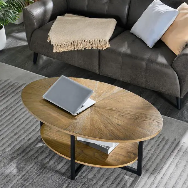 Alt view image 5 of 7 - Solid Wood Oval Coffee Table with Cross Metal Legs, 43.3in Modern Industrail Center Table with Open Shelf Cocktail Tea Table for Living Room Bedroom, Rustic Nature 1811