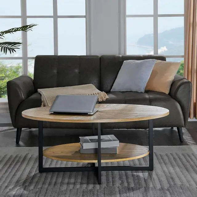Alt view image 7 of 7 - Solid Wood Oval Coffee Table with Cross Metal Legs, 43.3in Modern Industrail Center Table with Open Shelf Cocktail Tea Table for Living Room Bedroom, Rustic Nature 1811