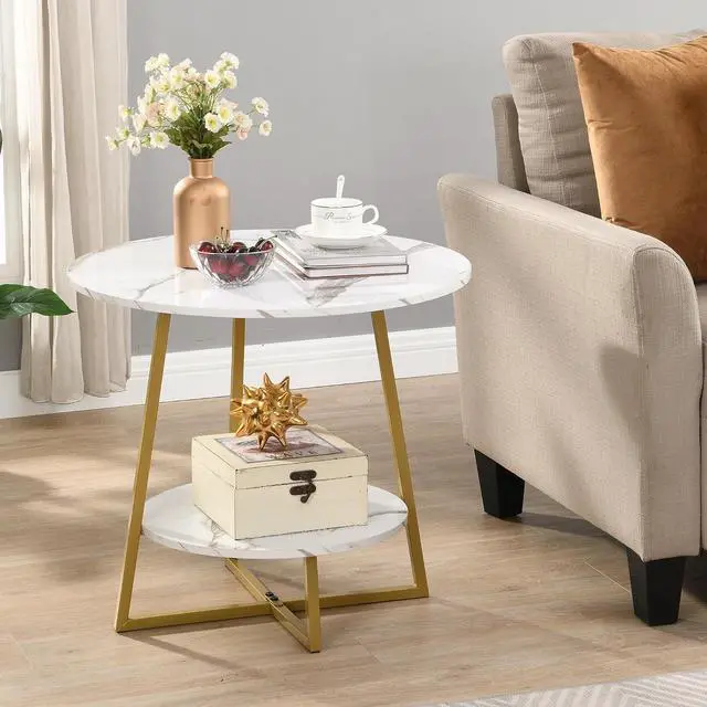 Main image of D&H FURNIMMT Accent Side Tables Living Room, 22" Modern Round End Table with Metal Frames, Bedside Round Nightstand, Small Coffee Table for Small Spaces, White Faux Marble/Gold